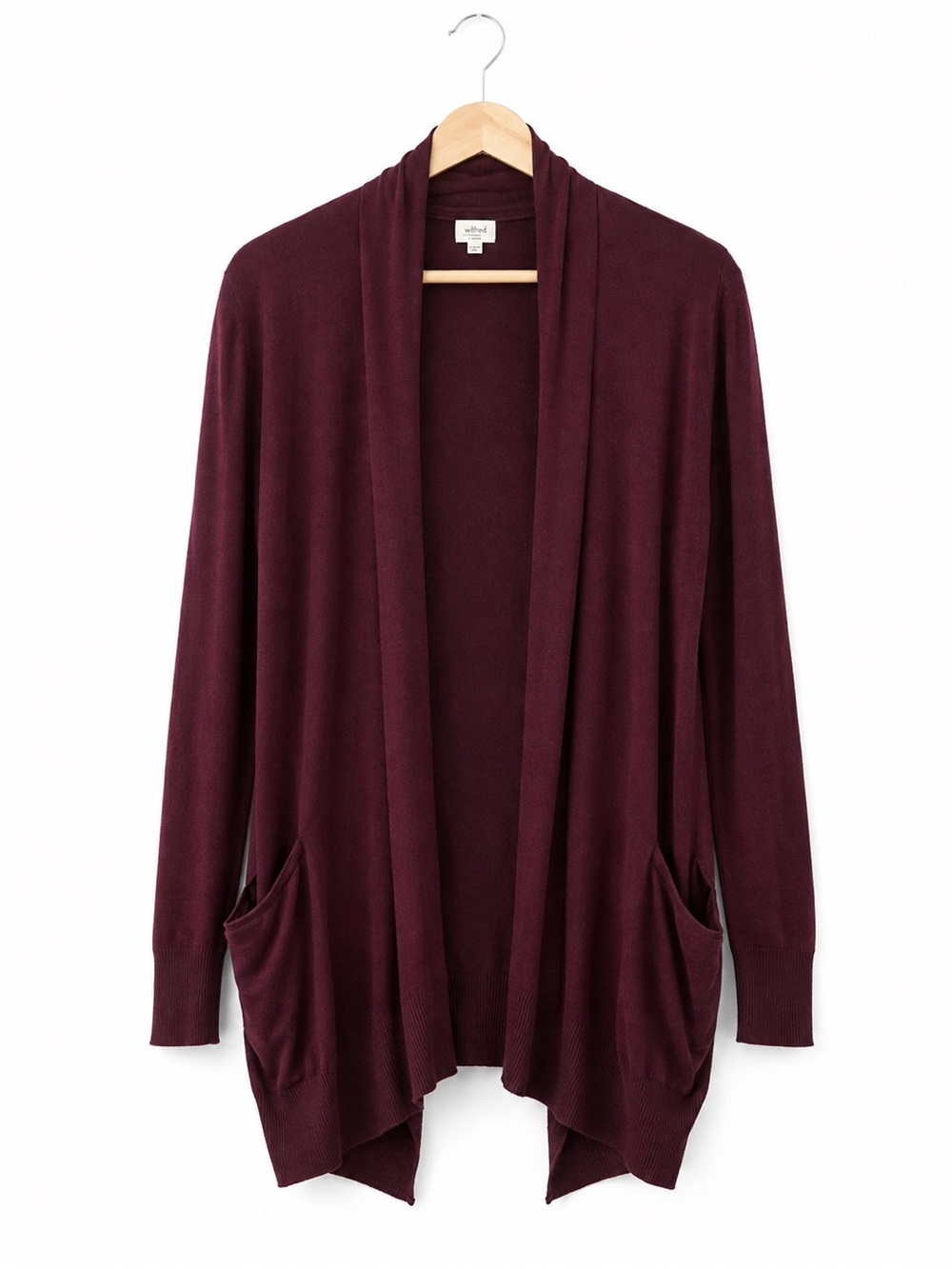 Wilfred Silk Cashmere Long Open Cardigan Plum Burgundy Small